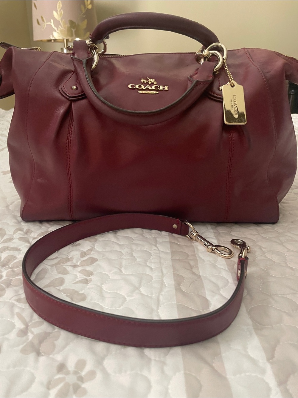 COACH Burgundy Leather Satchel with Gold Hardware and Detachable Strap